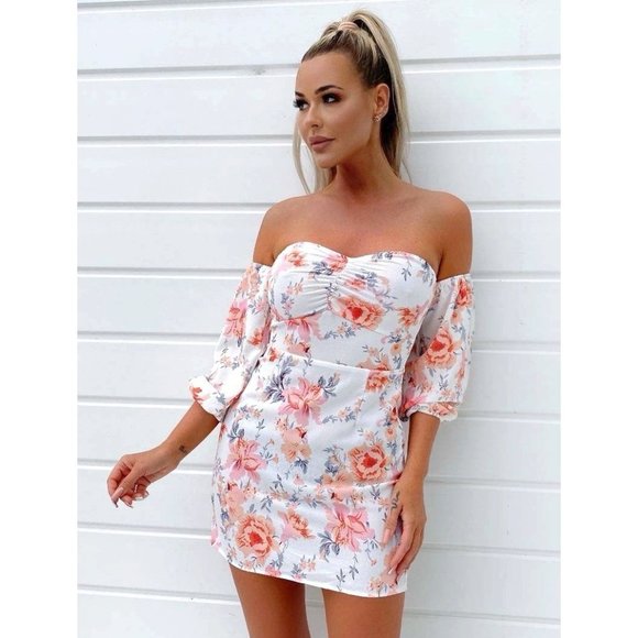 White Floral Print Long Sleeve Off Shoulder Bodycon Mini Dress - Picture 6 of 7